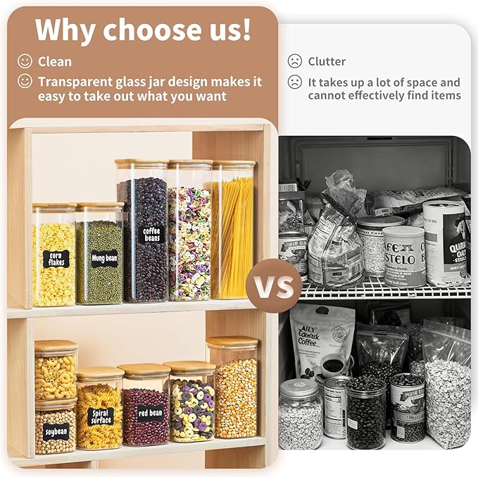 SENTVEND 51 Oz Glass Storage Jars with Bamboo Lids - 3 Pack Clear Glass Canisters Square Airtight Stackable Ideal for Pantry Storage Containers Great for Storing Oats Coffee Beans Pasta Flour Rice etc