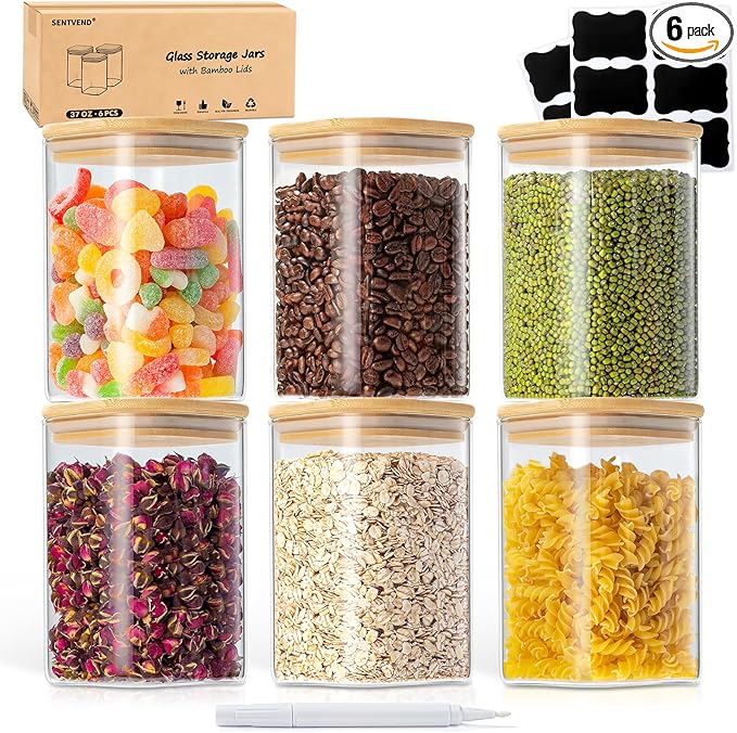 SENTVEND 37 Oz Glass Storage Jars with Bamboo Lids - 6 Pack Clear Glass Canisters Square Airtight Stackable Ideal for Pantry Storage Containers Organizers Great for Storing Oats Coffee Beans Nuts etc