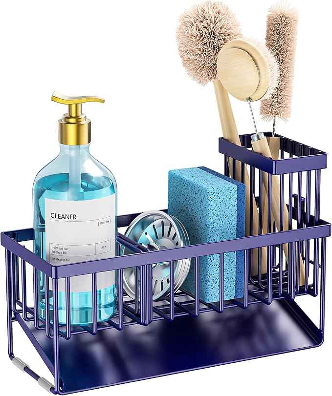 Cisily Navy Blue Sink Caddy Organzier with High Brush Holder, Sponge Holder for Sink, 304 Rustproof Stainless, Kitchen Countertop Soap Dispenser Organizer, Gray Blue Kitchen Decor and Accessories