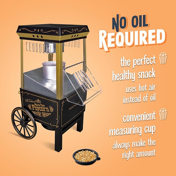 Nostalgia Vintage Hot-Air Popcorn Maker Machine - Makes Up to 12 Cups - Oil-Free - Healthier Popcorn - Classic Stand-Up Cart With Wheels - Includes Kernel Measuring Cup - Black