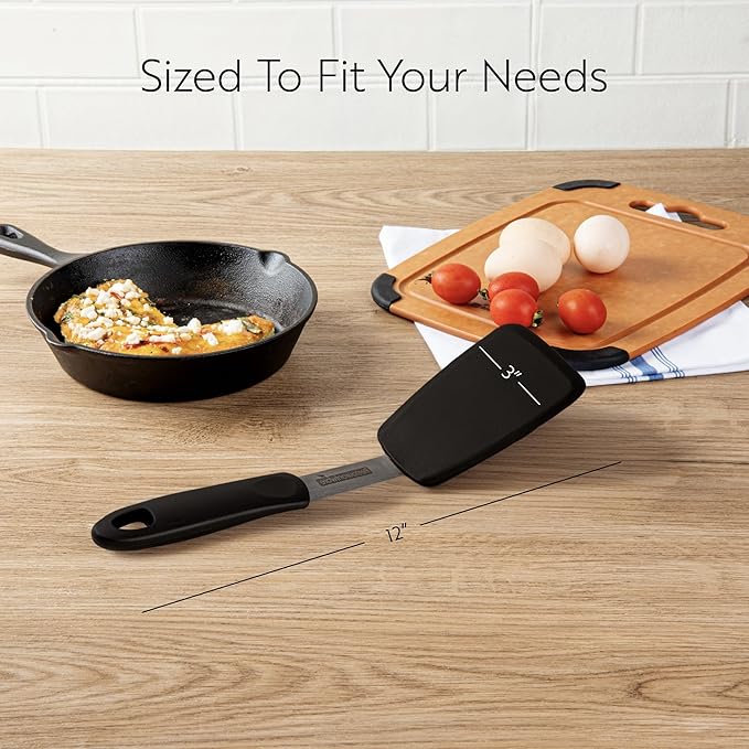 Restaurantware Comfy Grip 12 x 3 Inch Silicone Turner 1 Durable Cooking Turner - Stainless Steel Body Rubber Handle With Hole Black Silicone Flipper Spatula Tolerates Up To 446F Dishwashable