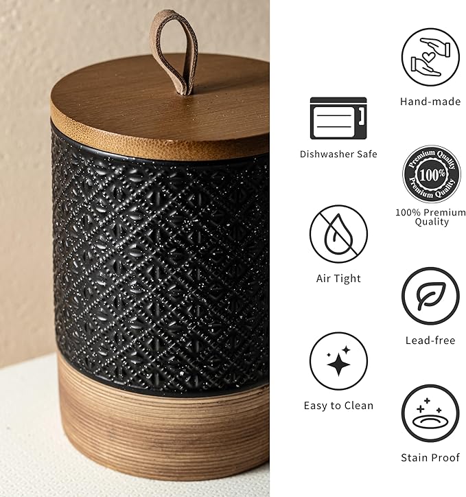 Miamolo Ceramic Jar with Lid, Airtight Coffee Container, Kitchen Food Storage Jar for Coffee Bean Spice Sugar Cookie, Stackable Decorative Jars for Housewarming Gift, Coffee Bar Decor, Black 28 fl.oz