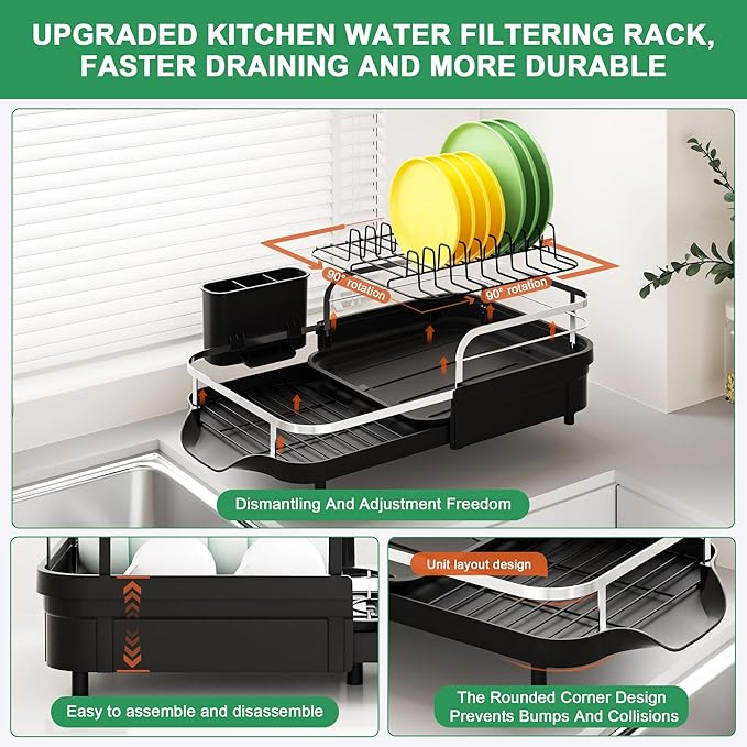 Dish Drying Rack for Kitchen Counter, Expandable Dish Drainer with Drainboard Set and Removable Utensil Holder, Space-Saving Countertop Organizer