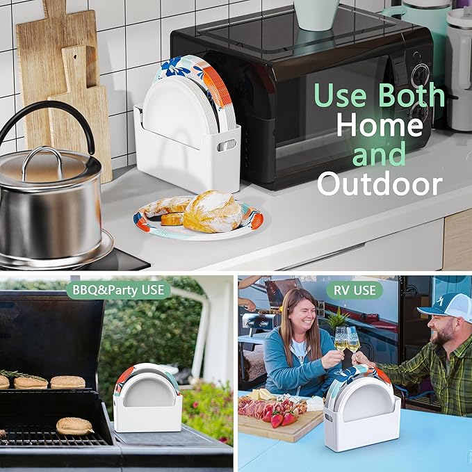 2Pcs Paper Plate Dispenser for 6-9.5 Inch Disposable Plates, Space-Saving Plastic, Foam and Paper Plate Storage Organizer for Cabinet, Countertop, RV or Outdoor (White)