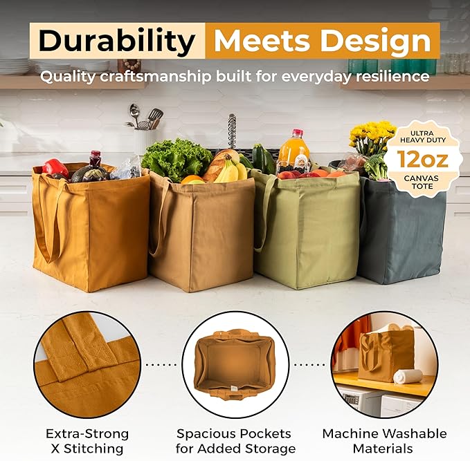 VeraMia Canvas Grocery Bag 3pc XL Set with Real Pockets, Long Shoulder Strap and Short Handle. Heavy Duty, Foldable, Washable