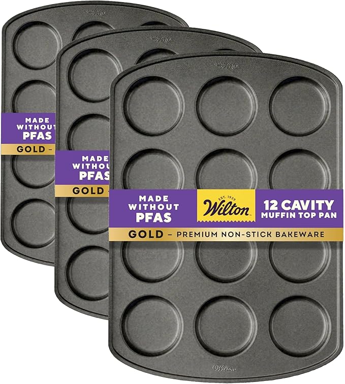 Wilton Perfect Results 12-Cavity Muffin Top Pan, Made without PFAS Non-Stick Bakeware, Scratch Resistant Baking Pan (Steel), the Must-Have Kitchen Essential. (Pack of 3)