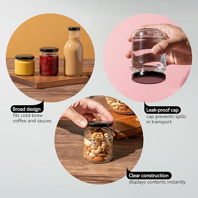 Restaurantware 100 Pack Of Glass Jars, 6 Oz Durable Glass Jars With Lids, Small Mason Jar For Food Reusable Hot And Cold Friendly, For Restaurants And Kitchens, Clear Storage Jar