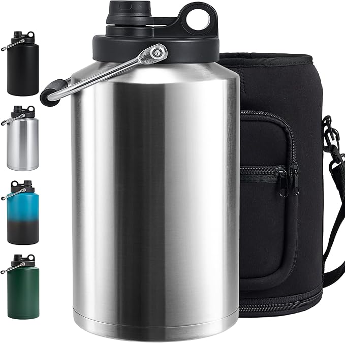 Insulated Gallon Jug with Handle, One Gallon, 128oz Stainless Steel, Large Double Vacuum Water Bottle for Cold Drinks, Wide Mouth, Sweat Proof, Carrier bag, Great for Travel, Camping, Stainless