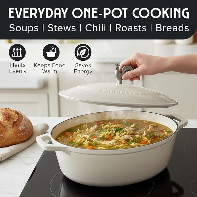MUELLER HOME 5.5 Quart Enameled Cast Iron Oval Dutch Oven with Rooster Knob & Cotton Potholders, Heavy-Duty Cookware, Oven-Safe up to 500° F & Across All Cooktops, Gifts for Grandma & Women, White