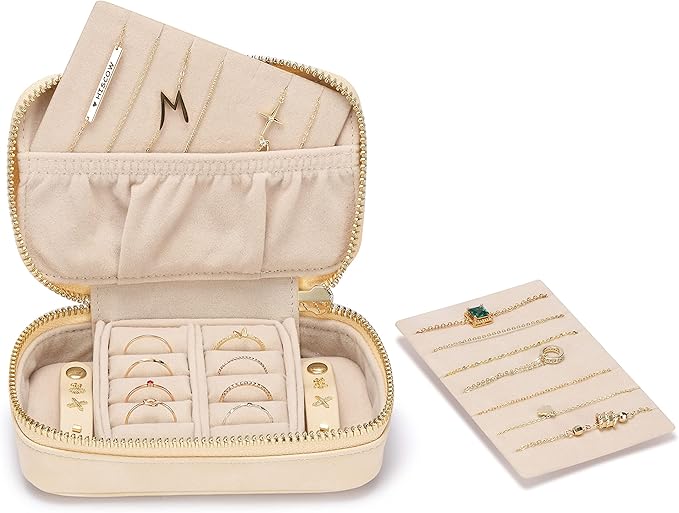 HISCOW Vegan Leather Travel Jewelry Case with Zipper - Portable Necklace & Earring Holder Organizer for Women Girls, Velvet-Lined Ring Box with Anti-Tarnish Design, Cream