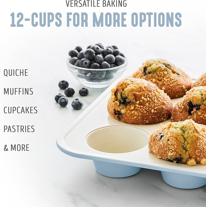 GreenLife 12-Cup Muffin Pan, PFAS-Free Healthy Nonstick Baking Tray, 11.4" x 1.9" x 15.9", Durable Ceramic Bakeware, Cupcakes, Egg Bites, Tarts, Brownies, Blue Haze