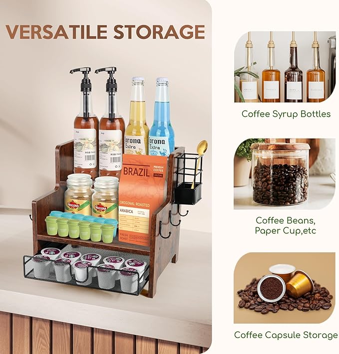 3-Tier Coffee Station Organizer for Countertop, Wood Coffee Bar Organizer with Drawer, Rustic Coffee and Tea Condiment Organizer, K-Cups Coffee Corner Organizer with 6 Hooks for Coffee Bar Accessories