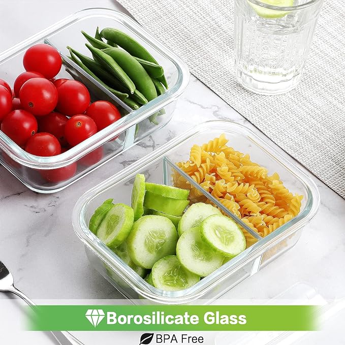 HOMBERKING 10 Pack 24oz Glass Meal Prep Containers 2 Compartment, Glass Food Storage Containers with Lids, Airtight Lunch Bento Boxes, BPA-Free & Leak Proof (10 lids & 10 Container) - Grey