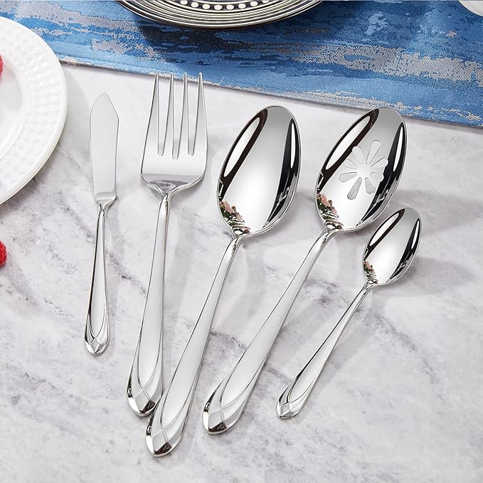 KEAWELL Premium Astra 4-Piece 9 inch Spoon Set – Mirror-Finished 18/10 Stainless Steel with Diamond-Faceted Handles Dishwasher Safe for Modern Dining (4, Serving Spoons and Slotted Spoons)