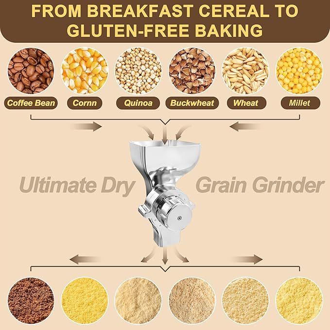 Premium All-Metal Grain Mill Attachment for KitchenAid Stand Mixers, 12-Level Adjustable Flour Mill Grinder for Wheat, Oats, Corn, Rice, Non-Oily Dry Grains - Includes Cleaning Brush