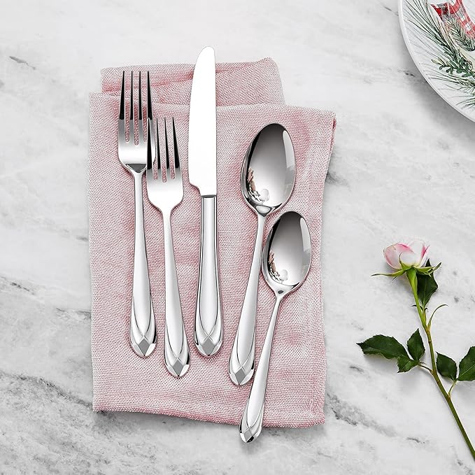 KEAWELL Premium Astra 4-Piece 9 inch Spoon Set – Mirror-Finished 18/10 Stainless Steel with Diamond-Faceted Handles Dishwasher Safe for Modern Dining (4, Serving Spoons and Slotted Spoons)