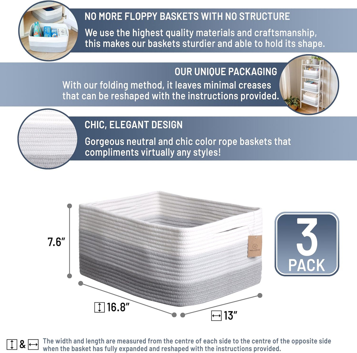 NaturalCozy Storage Baskets 16.8”x13”x7.6” Cotton Rope Woven Baskets for Organizing 3-Pack | Toy Storage Bins | Basket for Shelves, Laundry, Blanket, Clothes, Closet, Kitchen, Bathroom, Gifts