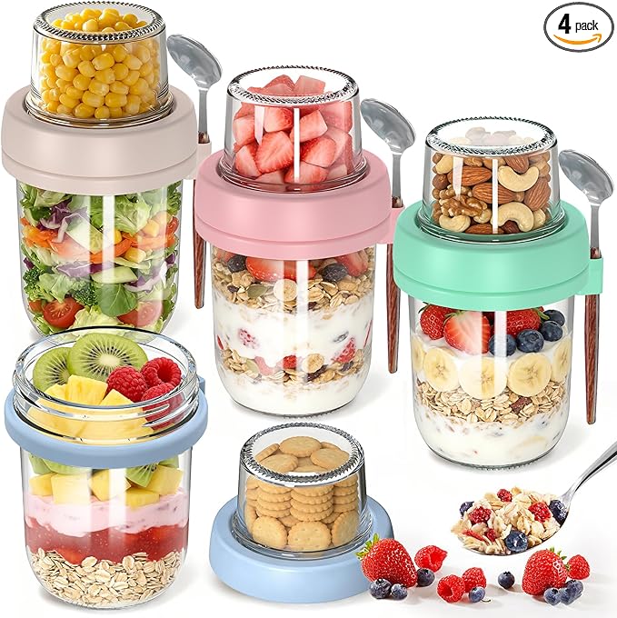 4 Pack Overnight Oats Containers with Lids and Spoons, 20 oz (16+4) Overnight Oats Jars, Glass Mason Jars with Dry and Wet Separation for Oatmeal Salad Yogurt, Dual-Layer Yogurt Containers with Lids