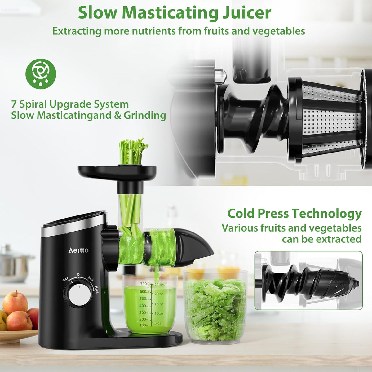 Aeitto Juicer Machines with Soft & Hard Modes, Quiet Motor, Reverse Function, Juicer Machines Vegetable and Fruit, Cold Press Juicer, Easy to Clean with Brush