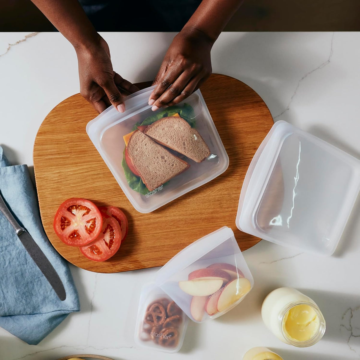 Stasher Premium Silicone Reusable Food Storage Bags, 6-Pack, Starter Kit, Sea Spray, Multi-Use Food Storage Bags, Lunch Bag, Travel Containers, BPA Free, Leak-free, Dishwasher-Safe, Eco-friendly