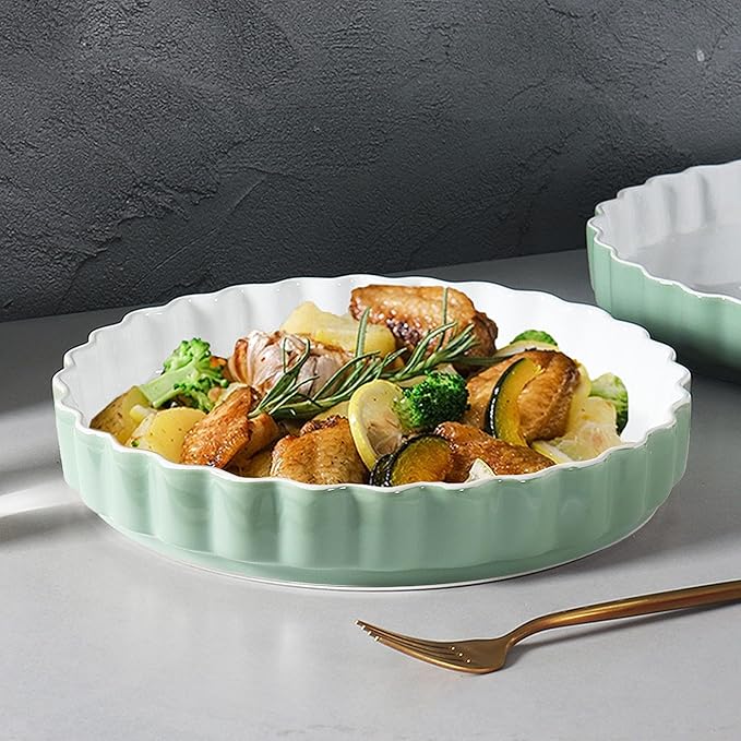 Quiche Baking Dish,Ceramic Pie Pan 11 Inch Reusable,Pizza Pan，Non-Stick Round Tart Pan with Ruffled Edge Microwave Dishwasher and Oven Safe (GREEN)