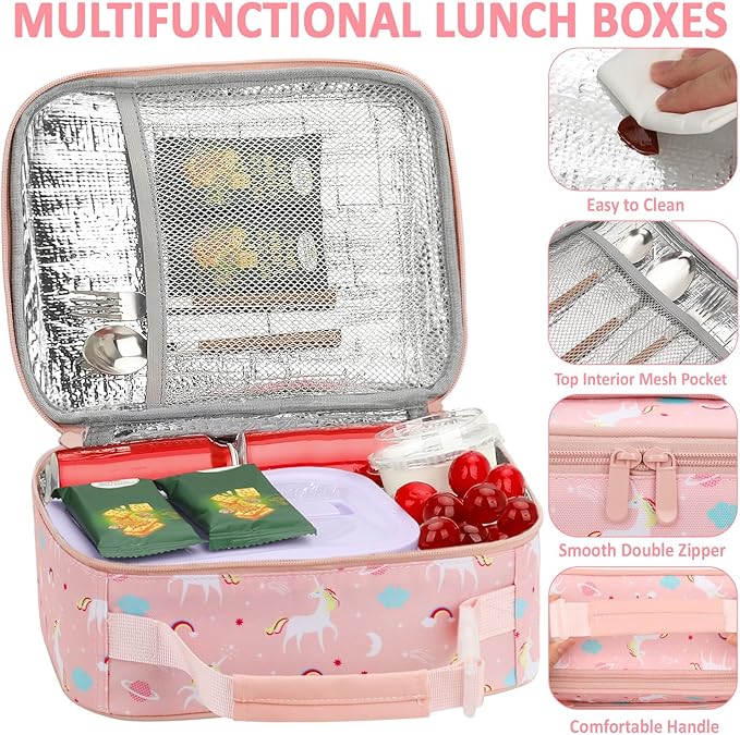 Lunch Box Kids Insulated Lunch Bag for Boys Girls Cute Reusable Lunch Tote Bag Waterproof Portable Thermal Lunch Box Kids for School Picnic Travel Pink Unicorns