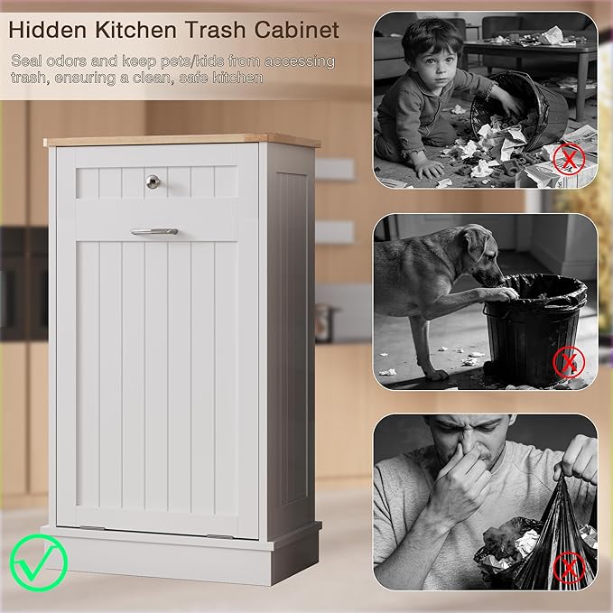 KIGOTY Tilt Out Trash Cabinet,Wooden Kitchen Trash Bin Holder Garbage Bin Recycling Cabinet Laundry Hamper with Solid Wood Countertop and Hideaway Drawer (White)