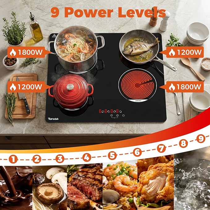 TOPWISH 24 Inch Electric Cooktop, 4 Burners Built-in Electric Stove Top Hot Plate, 6000W Drop-in Ceramic Cooktop Kitchen Stoves with Touch Control, Safety Lock, Timer, 220-240v (Hard Wired No Plug)