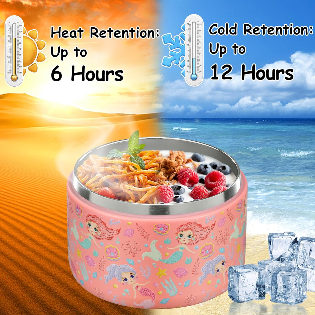 12oz Insulated Vacuum Food Jar with Buckle Lid Wide Mouth Soup Thermo for Hot Food Kids Leakproof Stainless Steel Lunch Container (mermaid)