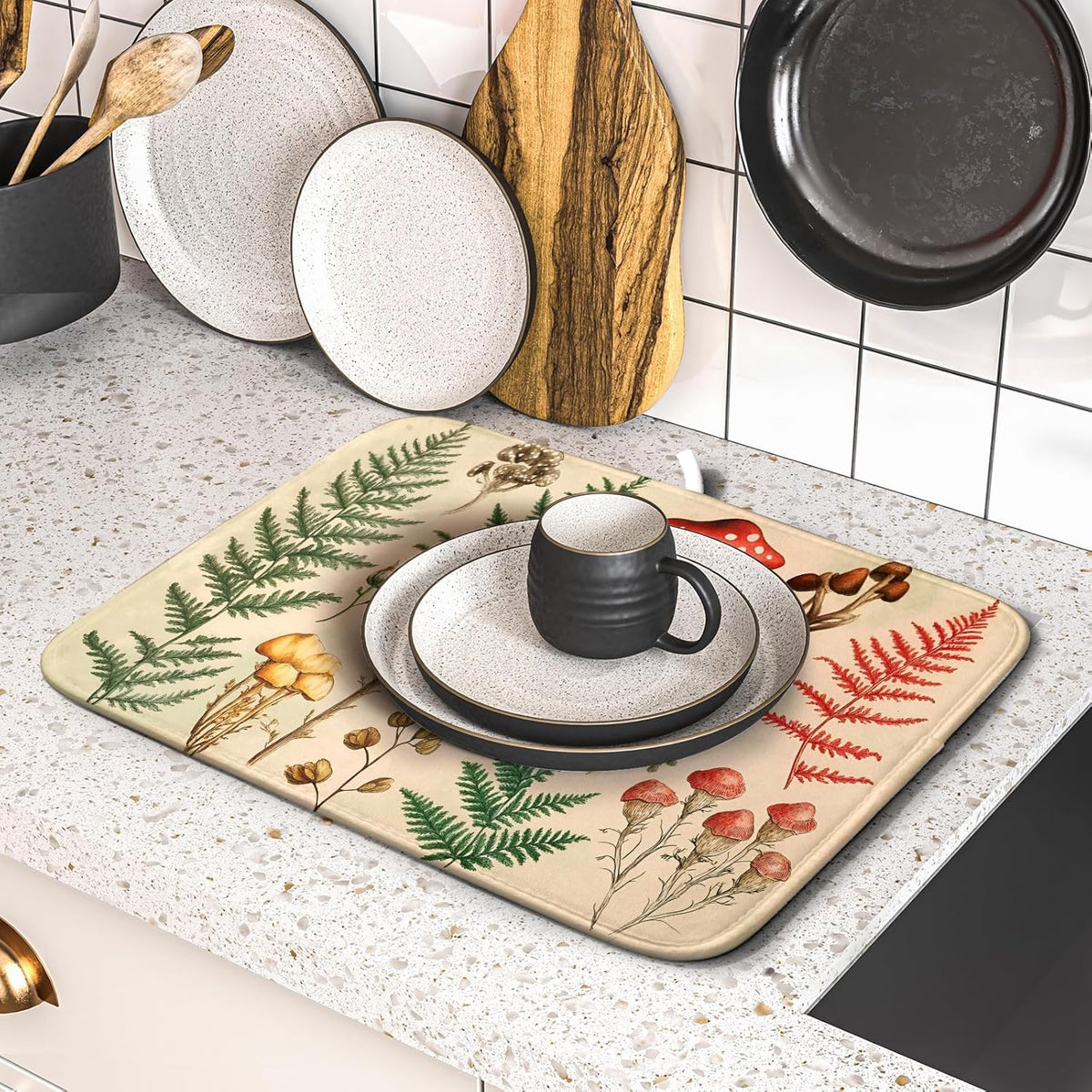 Ferns Leaves Dish Drying Mats Woodland Forest Mushrooms Reversible Drainer Mats 16 X 18 Inch