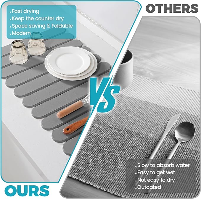 Extral Large Quick Dry Stone Drying Mat for Kitchen Counter,28"(L)x16"(W) Collapsible Eco-Friendly Absorbent Diatomaceous Earth Mat for Dishes Cups,Dish Drying Mats (Medium gray-Ellipse, 28x16 inch)