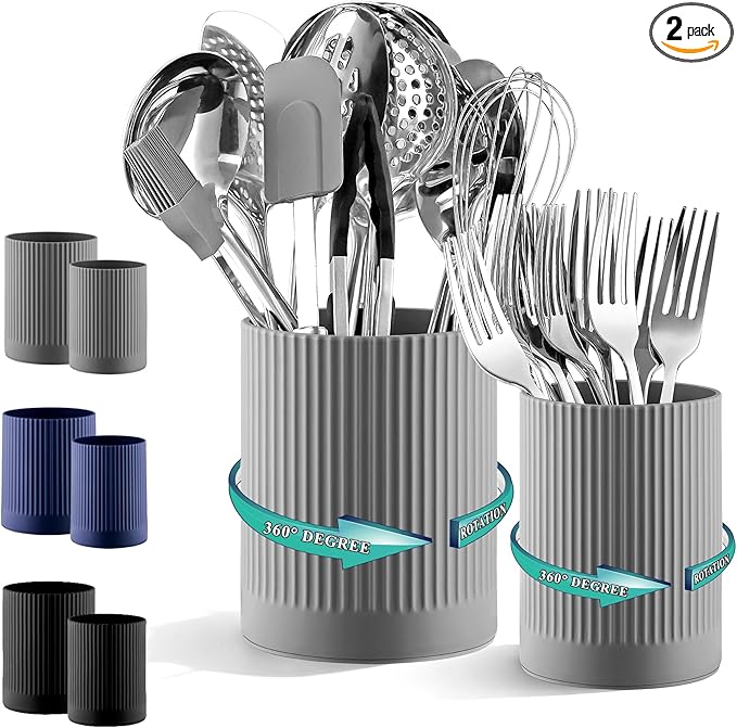 Kyraton Cooking Utensils Holder 2pcs, 360° Rotating Heavy Duty Plastic Kitchen Utensil Holder for Countertop, The Small Utensil Crock for Cutlery Silverware, Tooth Brush, Desk Pencil Pen