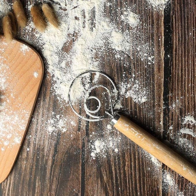 Danish Dough Whisk - Bread Making Tools - Danish Dough Hook - Bread Dough Mixer Hand - Bread Dough Whisk for Pastry - Large Stainless Steel Swedish Whisk with Wooden Handle