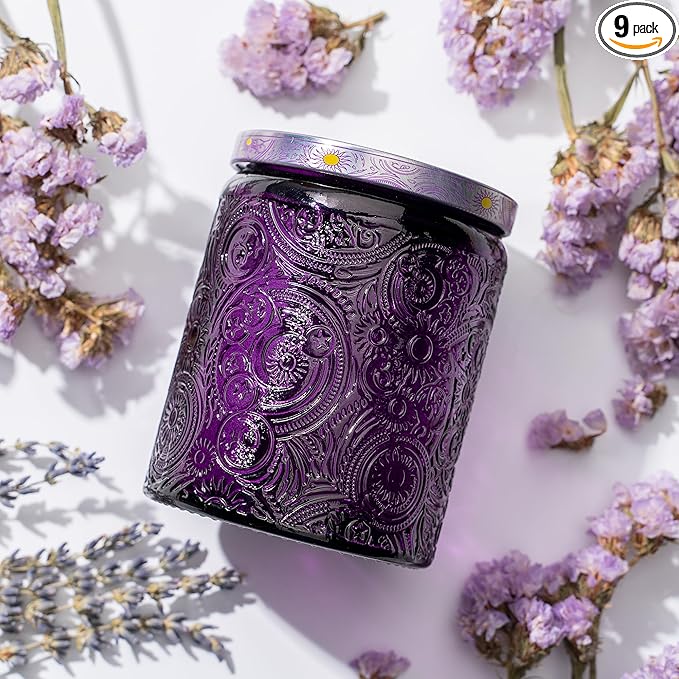 Art Secret 9-Pack 8oz Embossed Glass Candle Jars with Lids and Labels - Sun Moon Stars Design (Purple)