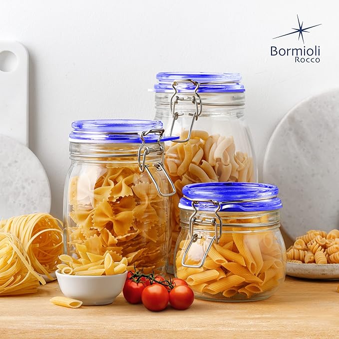 Bormioli Rocco Fido Collection, 2 Pack, 33¾ Oz. Food Storage Glass Jars, Airtight Rubber Seal & Glass Lid, With Stainless Wire Clamp, Made In Italy.