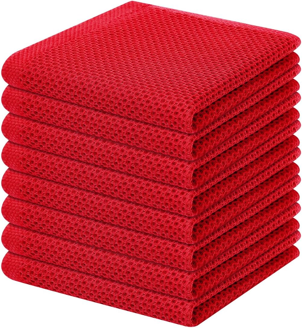 Homaxy 100% Cotton Waffle Weave Kitchen Dish Cloths, Ultra Soft Absorbent Quick Drying Dish Towels, 12 x 12 Inches, 8-Pack, Red