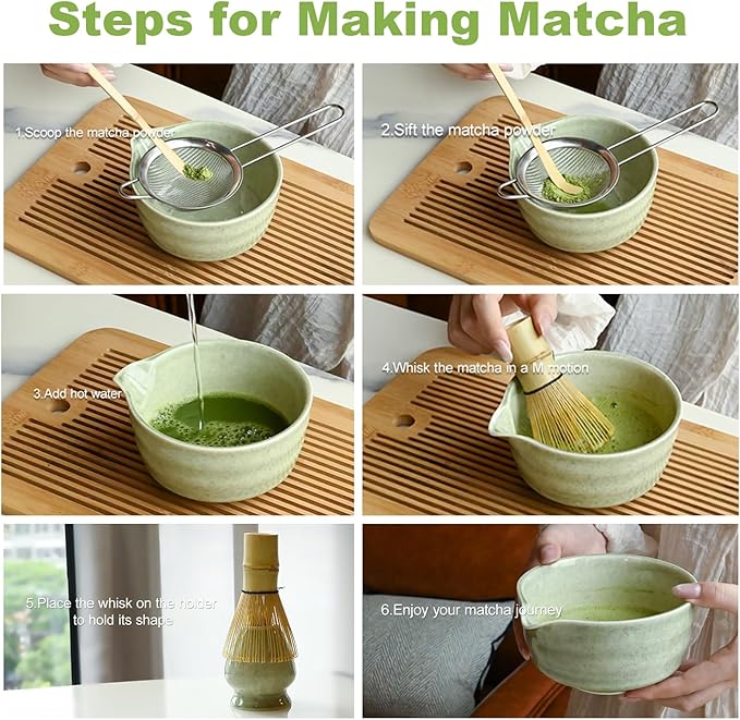 Green Matcha Whisk Making Set - Japanese Tea Kit with Whisk Bowl and Bamboo Scoop Ceramic Chawan with Spout for Traditional Tea Ceremony Complete Matcha Making Tools Gift for Tea Lovers (Green, 7 PCS)