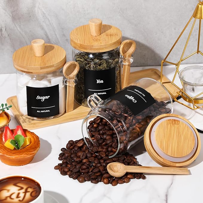 Suclain 3 Pcs Glass Coffee Container with Wooden Lid Spoon Shelf Labels Clear Airtight Jar Food Storage Canister Set for Sugar Spice Coffee Bean Holder Housewarming Gift(13.5,20,25 oz,Natural Bamboo)