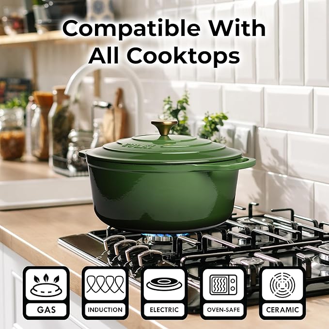 Zulay Kitchen 7.7 Quart Enameled Cast Iron Dutch Oven Pot with Lid – Premium Durability & Oven Safe up to 500°F – Heavy Duty Cookware Perfect for Bread Baking, Stews, Braising & Roasting – Green