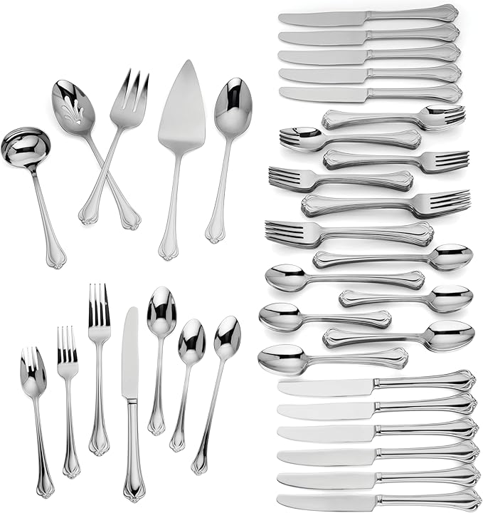 Lenox Silverware Set For 12, Alcott 89-Piece Flatware Set with Serving Utensils, Service For 12, 18/10 Stainless Steel, Mirror Finish, Dishwasher Safe, Knives Spoons and Forks (Silver, 89 Piece)