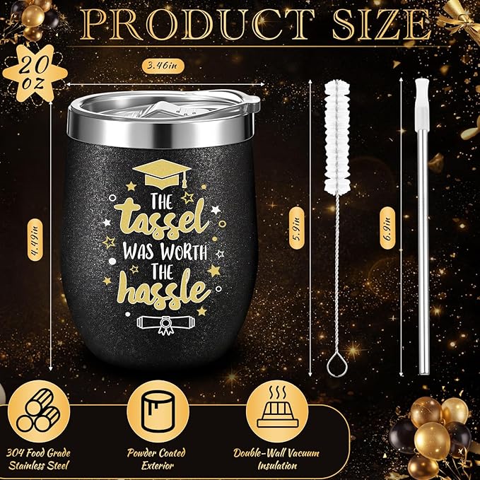 Sliner 4-pack 2026 Graduation Glitter Tumblers, 12oz Stainless Steel Insulated Wine Cups with Lids, Straws & Brushes - Sparkling Travel Mug Set for School & College Graduate (4 Pack,Graduation Style)