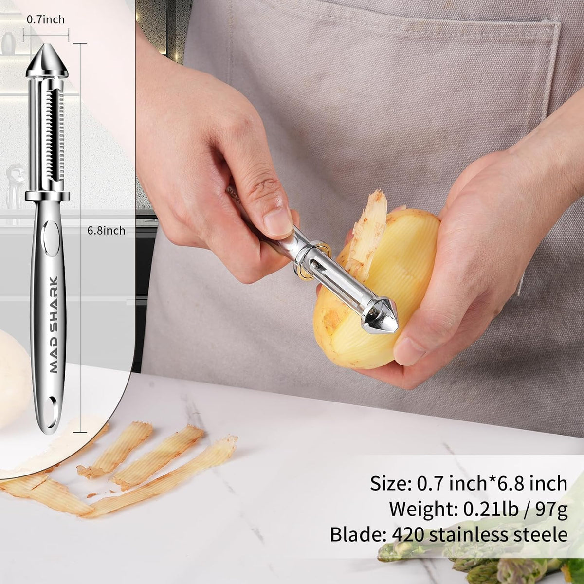 MAD SHARK Vegetable Peeler for Kitchen, Potato Peeler, Fruit Carrot Veggie Peelers, Design with Ergonomic Non-Slip Handle, I-Shaped Stainless Steel Serrated（Flat/Serrated Blade 2 in 1）