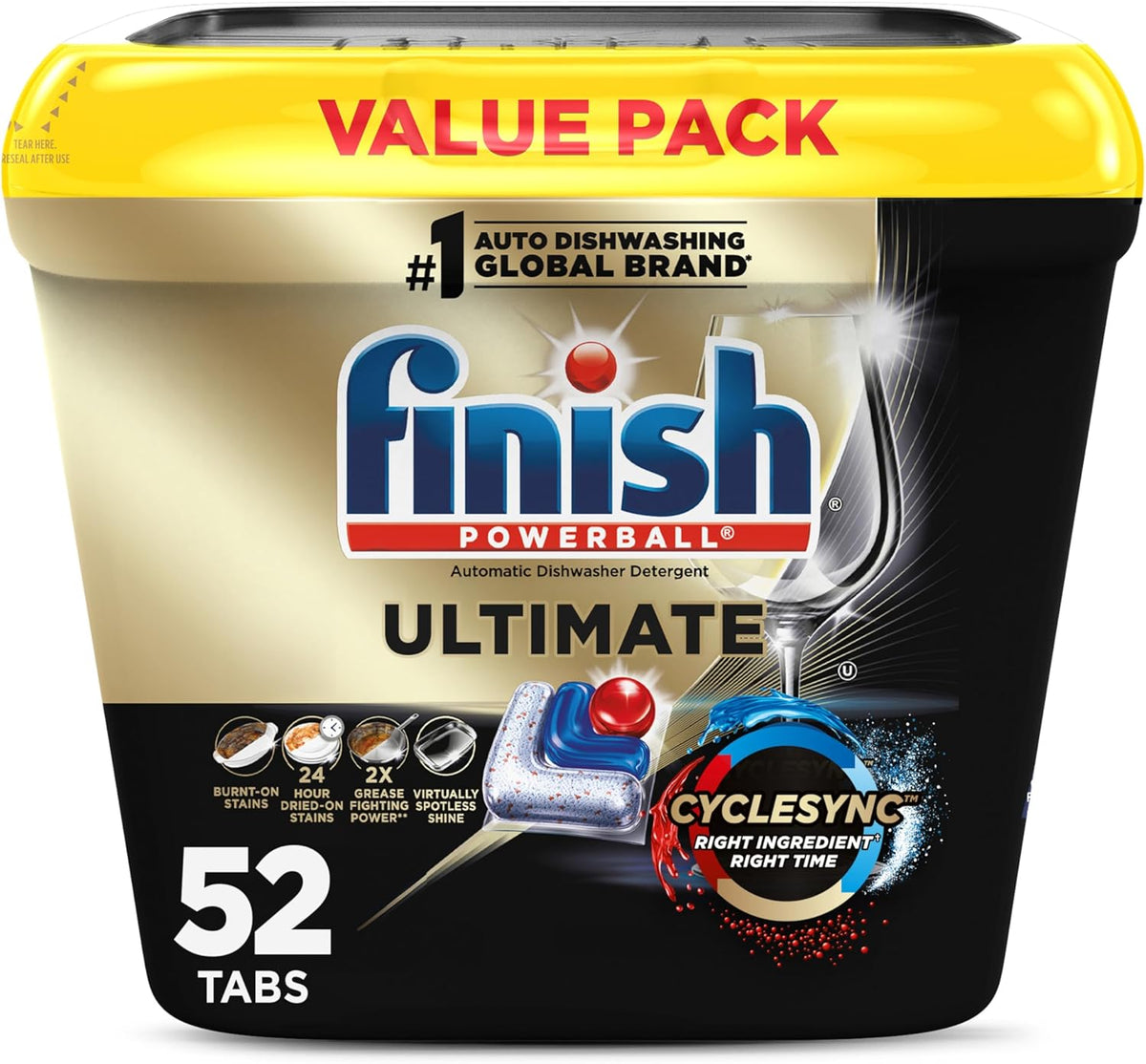 Finish Ultimate Dishwasher Pods, No Pre-Rinse Dishwasher Detergent Soap Removes Burnt-On Stain, with CycleSync Technology, Degreasing & Scrubbing Power, 52 Count (Packaging may vary)