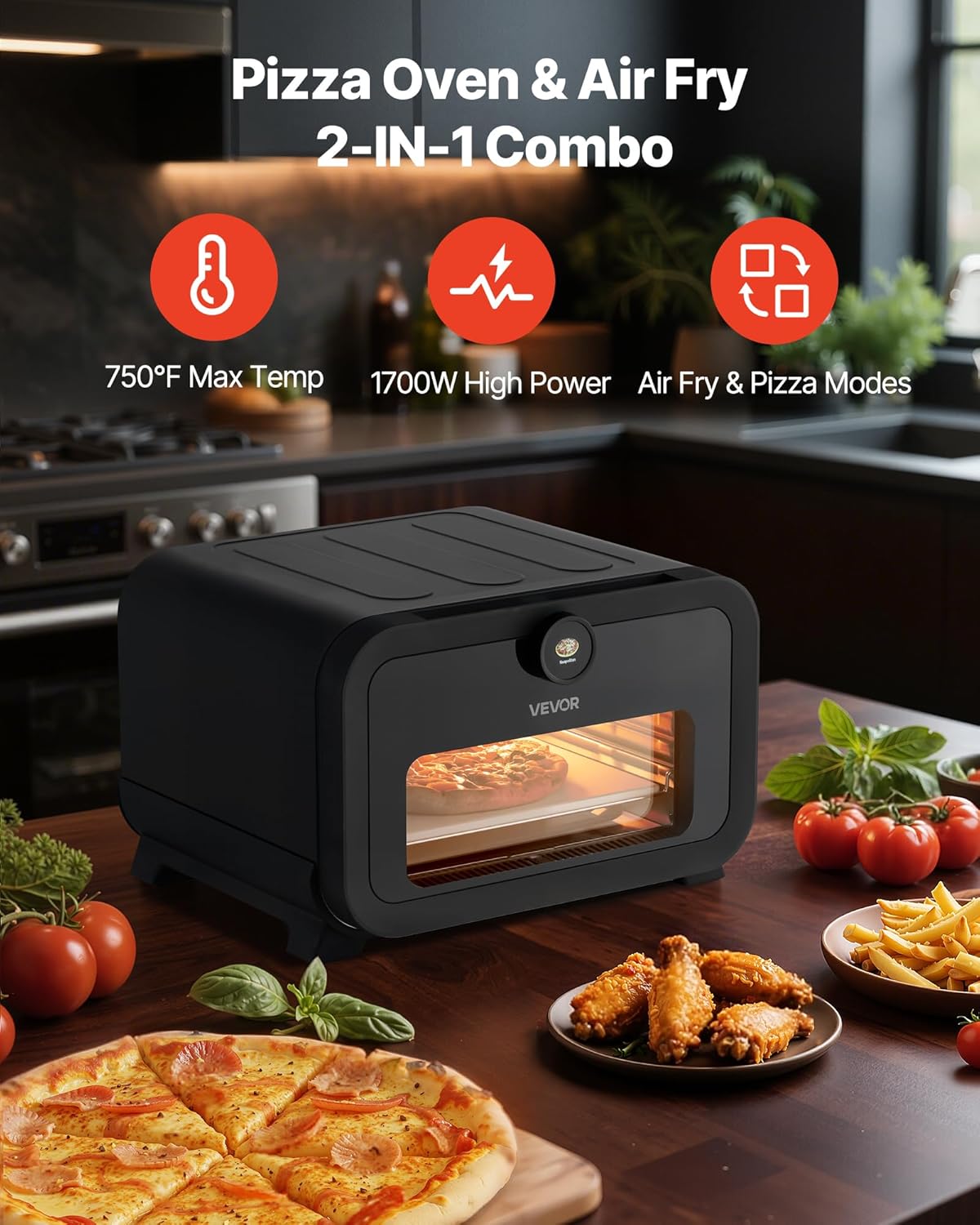 VEVOR Pizza Oven, 8 Presets Electric Pizza Ovens Air Fry Combo, 12-Inch Indoor Pizza Maker Smart Knob Control, 750°F Max Temp, IPX4 Waterproof Countertop Pizza Cooker w/Pizza Stone,Fry Basket