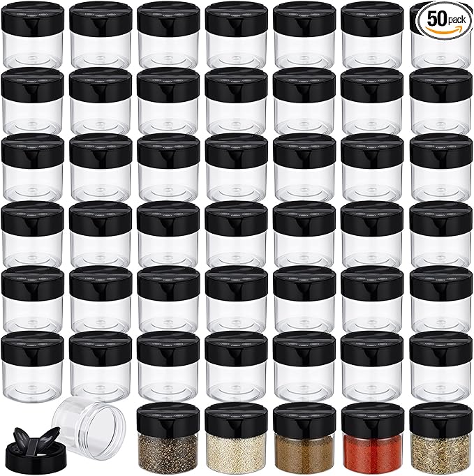 50 Pack 3.4 oz Plastic Spice Jars with Black Cap Empty Clear Spice Bottles Containers Seasoning Jars with Shaker Lids for Storing Herbs and Seasoning Powders Kitchen Restaurant Storage