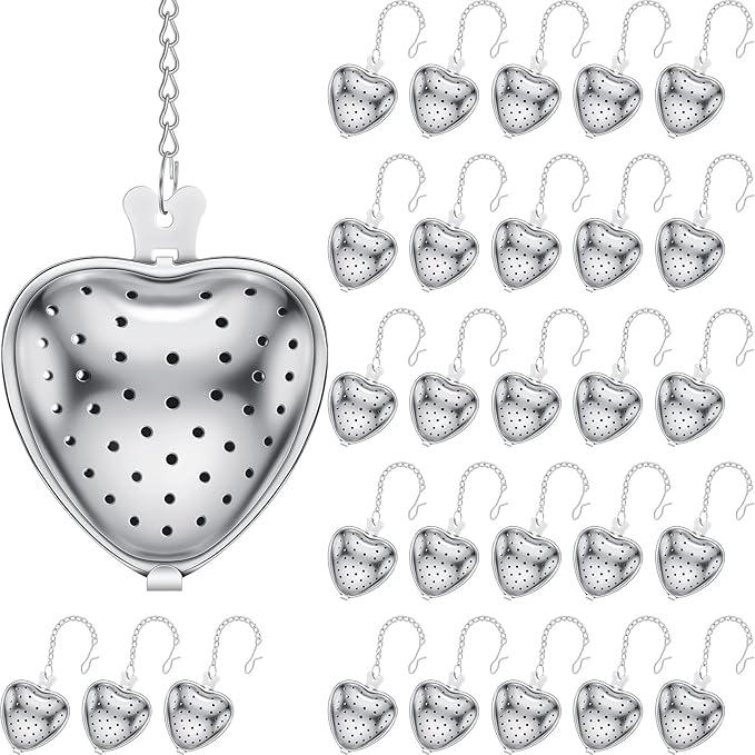 Sumind 50 Pcs Stainless Steel Tea Strainer Ball Infuser Loose Leaf Steeper Interval Diffuser Heart Shape Mesh Filters with Extended Chain Hook for tea party Seasonings Cup Bottle(Silver)
