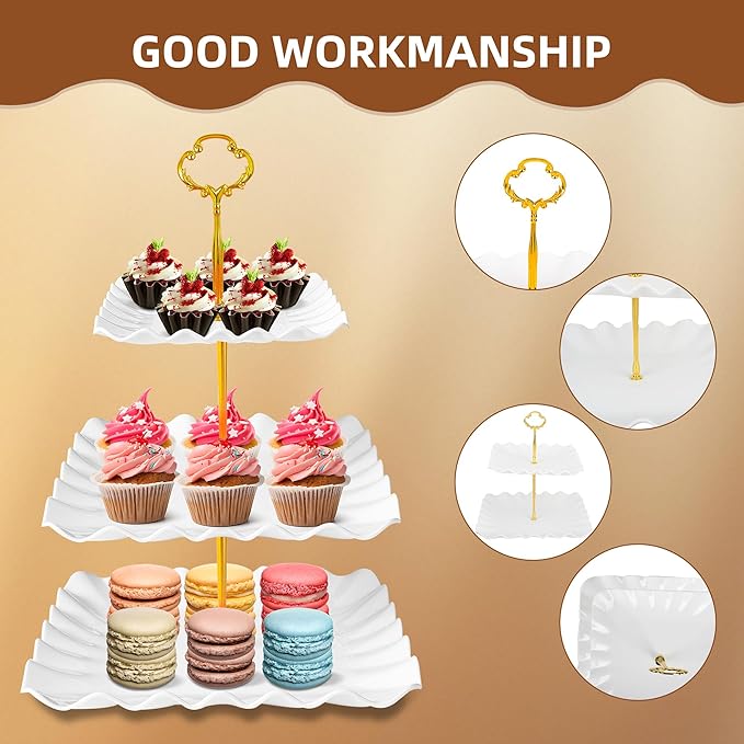 10 Pack Dessert Table Display Set - 4 x Three-Tier Square Cupcake Stands and 6 x Serving Trays, Elegant Tableware for Cakes, Cupcakes, Pastries, and Snacks, Perfect for Parties (Pink)