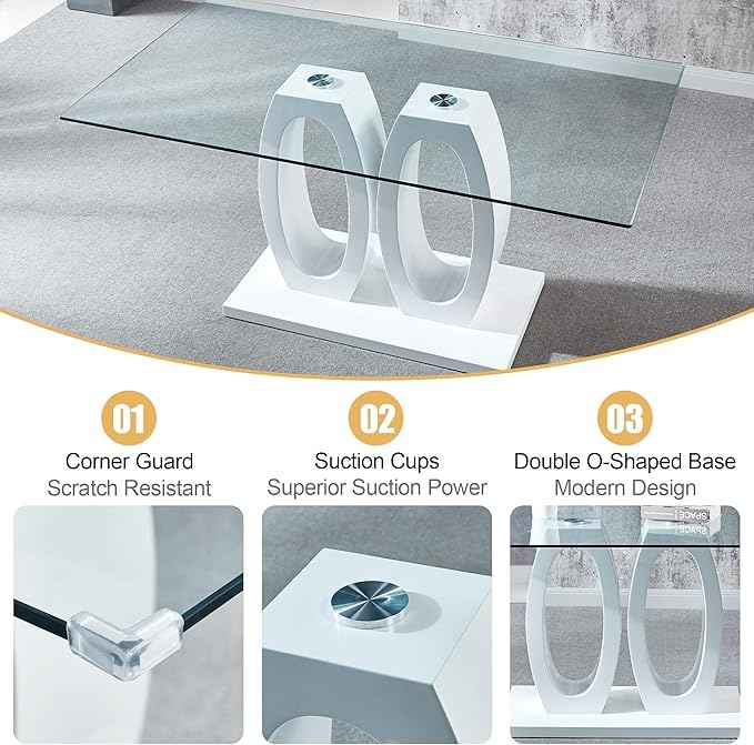 63" Glass Dining Table Set for 6, 7-Piece Rectangular Kitchen Table with Tempered Glass Top, White Double O-Shaped MDF Base, and 6 Black Velvet Upholstered Chairs for Dining Room, Living Room, Office