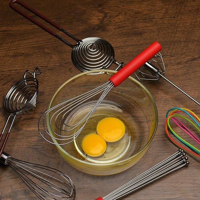 Flat Whisk Silicone Handle Non Slip 10" - 5 Wires Whisk with 10 Heads for Kitchen Cooking Color Red by Jell-Cell