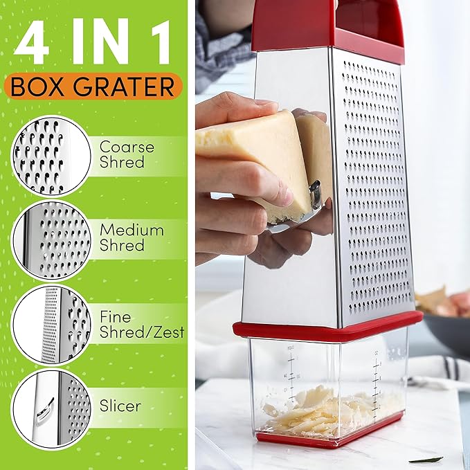 Spring Chef Professional Red 10" Parmesan Cheese Grater With Container, Stainless Steel & Soft Grip Handle, 4 Sided Kitchen Carrot Shredder, Handheld Box Grater for Potato, Veggie, Ginger, Hashbrown